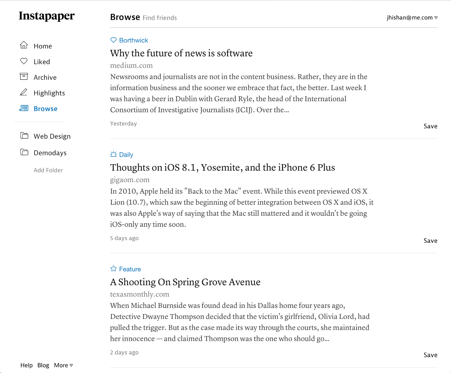 Browse section @ Instapaper